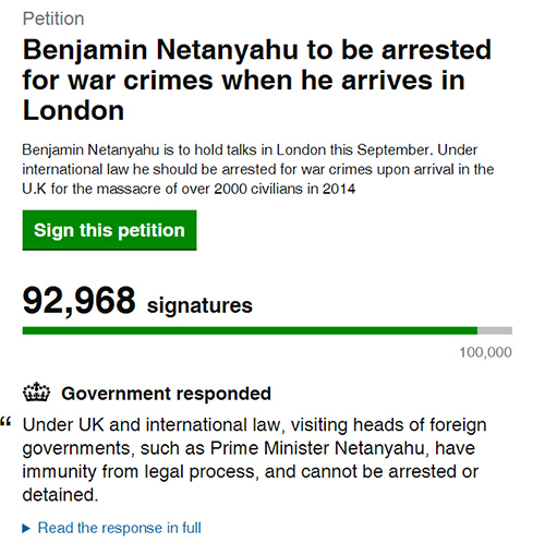 کمپین دستگیری نتانیاهو در انگلیس / 09300  امضا در اعتراض به جنایات جنگی / با 7000 امضای دیگر دادخواست بررسی می‌شود + لینک امضا